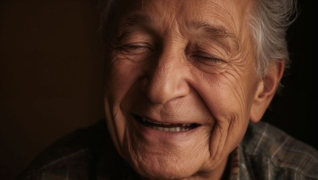 Warm closeup of smiling senior man with closed eyes, gentle wrinkles, soft side lighting