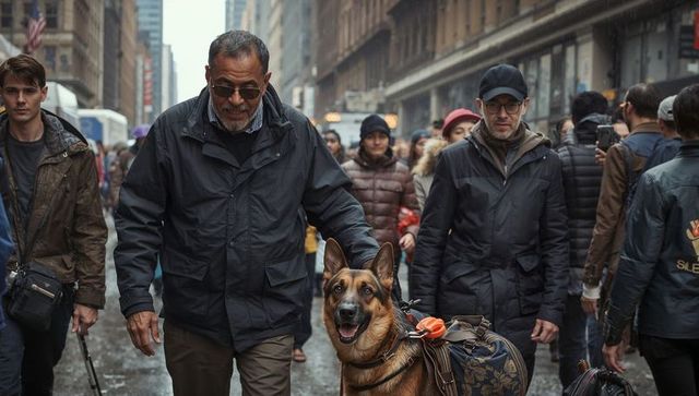 Urban handler leading german shepherd with pack through crowded city street, walking