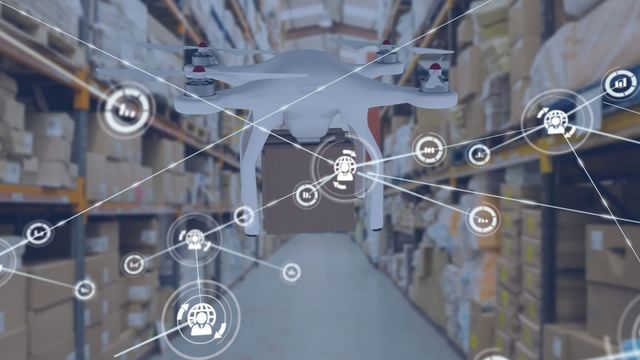 This video depicts a white drone carrying a package, flying through a warehouse filled with shelves stocked with boxes. Overlaid digital icons connected by lines signify intelligent automation and data networks. This is ideal for use in content related to modern logistics, automated warehouses, drones in logistics, and advanced supply chain management technologies.