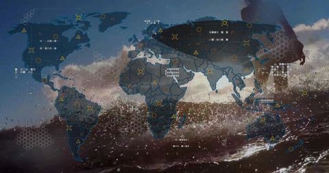 Surfer Female Riding Ocean Wave with Digital Global Connectivity Map