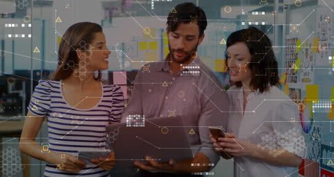 Team Collaborating on Project with Digital Data Overlay