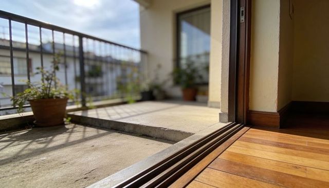 Sunlit Sliding Door Threshold with Wood Floor Leading to Urban Balcony and Potted Plants