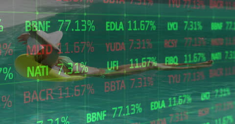 Financial Data Overlay on Woman Relaxing in Pool