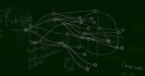 Network diagram over mathematical formulas on chalkboard