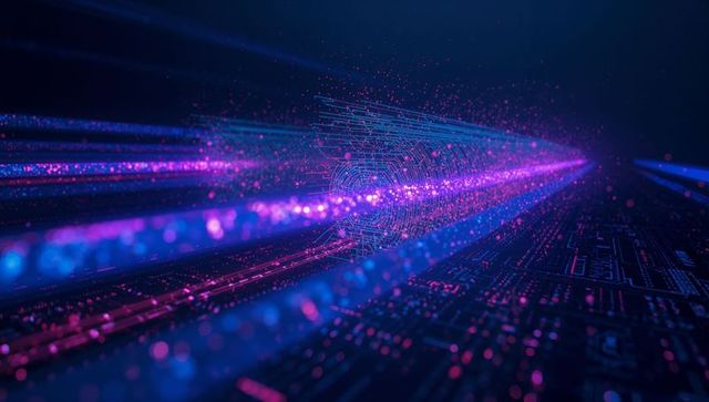 Neon data streams in digital circuit with futuristic fingerprint