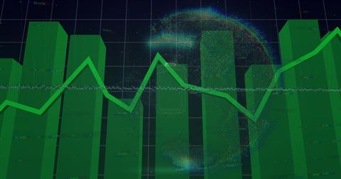 Graphic shows green linear trajectory line with grid backdrop, symbolizing financial growth, market changes, investment strategies. Useful for presentations, business reports, financial news, online articles on economics and trends.