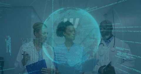 Medical Professionals Analyzing Holographic Globe in Futuristic Hospital