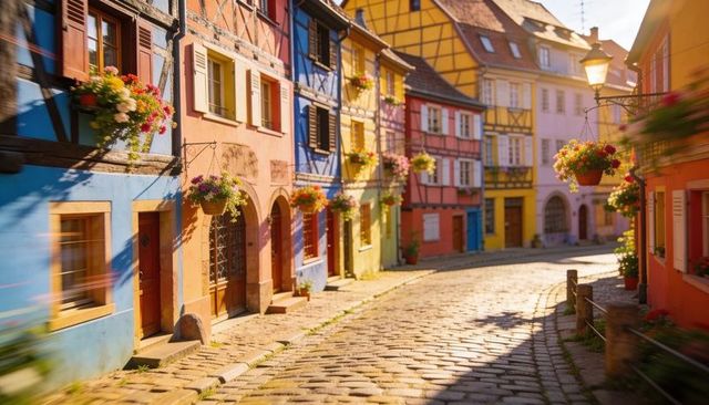 Sunlit Colorful Half-Timbered Facades on Winding Cobblestone Street with Hanging Baskets