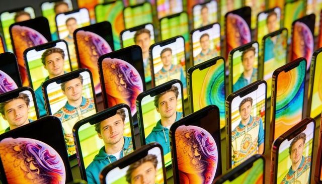 Cluster of bezelless smartphones showing repeating portraits and vivid abstract wallpapers