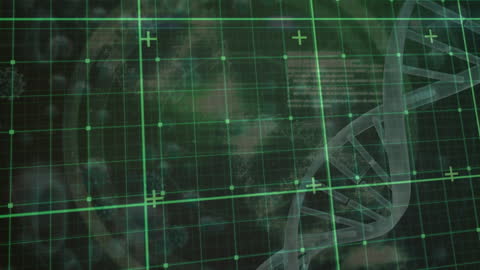 Futuristic DNA Strand Overlay with Digital Data Grid