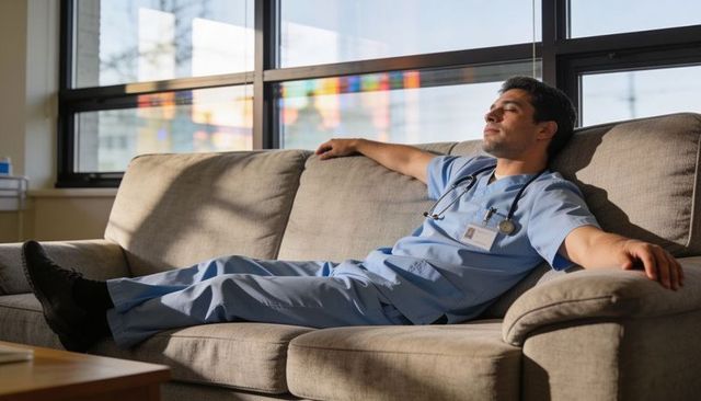Sunlit clinician resting on couch after shift, nurse doctor recharging in staff lounge