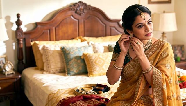 Bridal preparation woman wearing gold sari fixing earrings on bed with carved headboard
