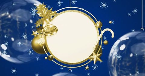 Golden Holiday Frame with Seasonal Decor on Blue Background