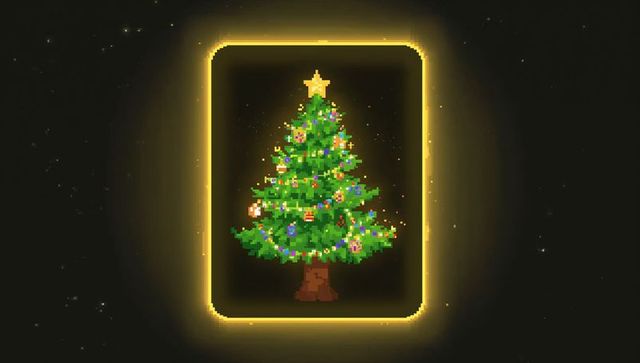 Retro pixel christmas tree glowing inside golden frame on cosmic starfield holiday design