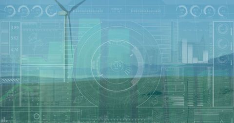 digital interface overlay on wind turbine field for renewable energy management - Download Free Stock Images Pikwizard.com