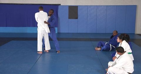 Judo Class Training Session with Diverse Practitioners in Dojo