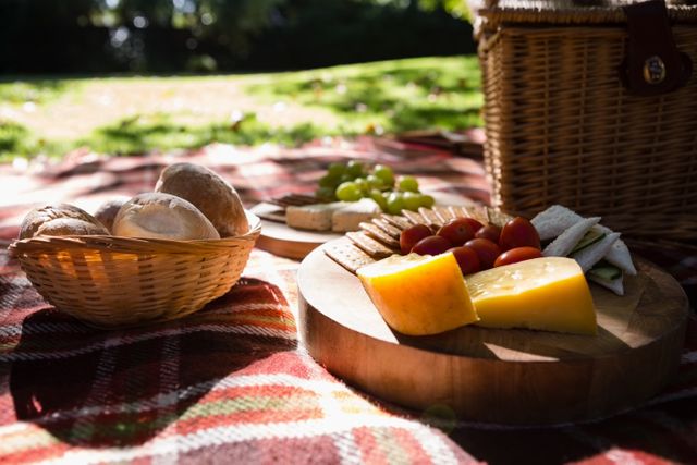 Close-Up of Picnic Spread with Cheese and Bread on Blanket - Download Free Stock Photos Pikwizard.com