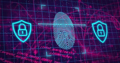 Futuristic Cybersecurity Interface with Fingerprint and Shields