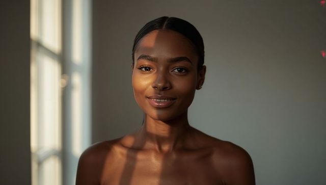 Sunlit studio portrait of smiling woman gazing at camera with warm natural glow, soft window light