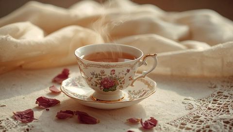 Steaming vintage porcelain teacup with gold trim and dried rose petals on lace table