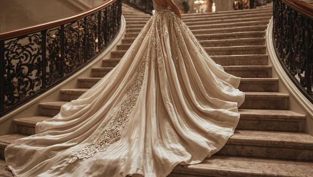Luxurious bridal gown on grand staircase in elegant setting