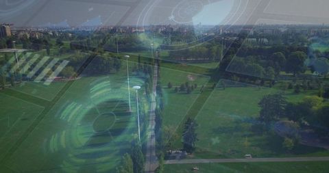 Aerial tree-lined park promenade with modern HUD overlay showing urban greenspace