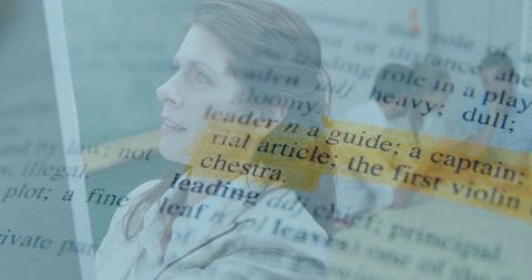 Contemplating woman with highlighted text overlay creating introspective double-exposure