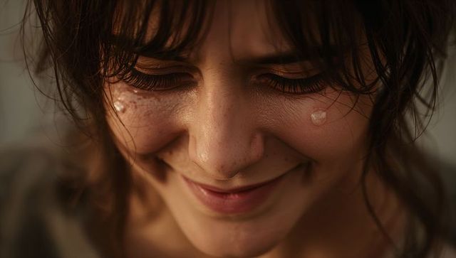 Smiling woman gazing down with teardrops and mascara-streaked lashes, dewy freckled closeup
