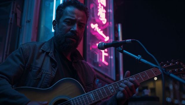 Moody Guitarist Performing in Neon-Lit Club