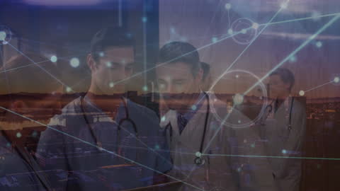 Diverse Medical Team Analyzing Digital Data Overlay in Modern City