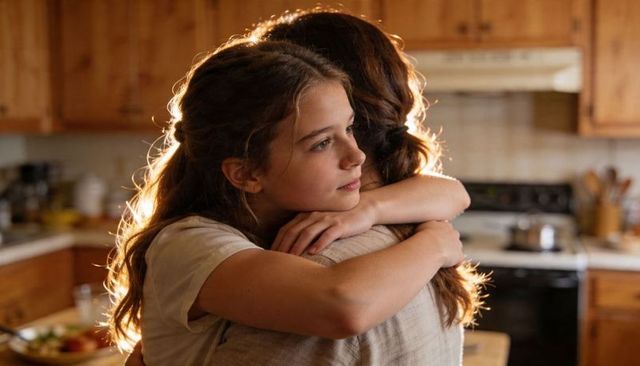 Backlit mother and daughter embracing in warm wooden kitchen, teen resting on shoulder