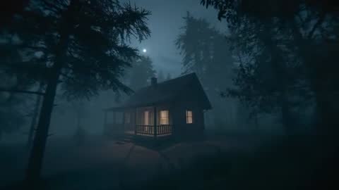 Eerie Cabin With Glowing Windows in Misty Moonlit Forest