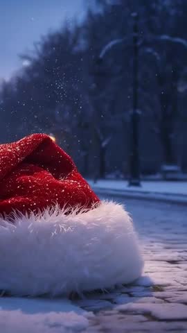 Vertical video of Santa hat catching falling snow on cobblestone promenade at twilight