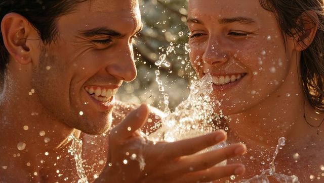 Sunlit couple splashing water at beach during golden hour, smiling together