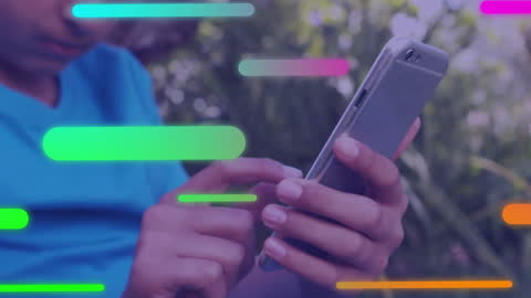 Person Using Smartphone with Colorful Digital Bars Overlay