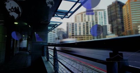Framed urban canopy corridor with motion blur streaks and futuristic digital overlays