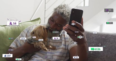 Senior Man Embracing Social Media with Cute Dog