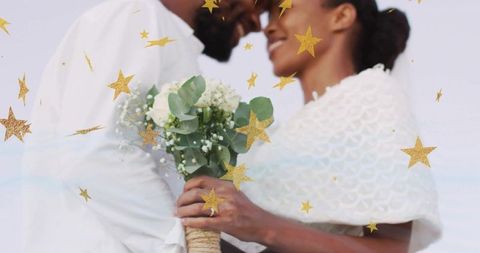 Romantic Wedding Moment by Seaside with Golden Stars