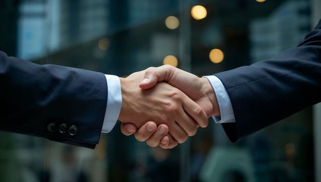 Business partners shaking hands outside glass office closing deal sealing partnership
