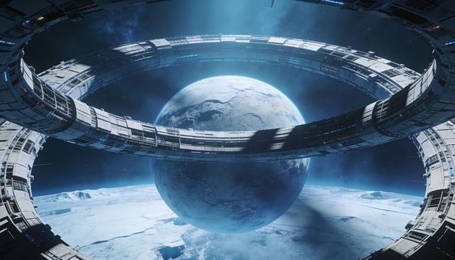 Massive orbital rings encircling icy planet with docking bays, futuristic space habitat