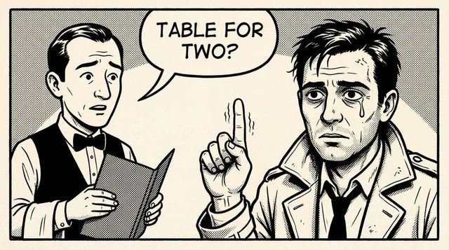 Noir comic featuring trench-coat detective raising finger at waiter asking table for two?