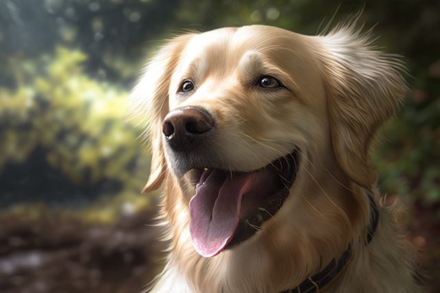 Golden retriever radiating joy while exploring nature. Ideal for showcasing pet joy, outdoor adventure, or canine companionship in personal or commercial projects.