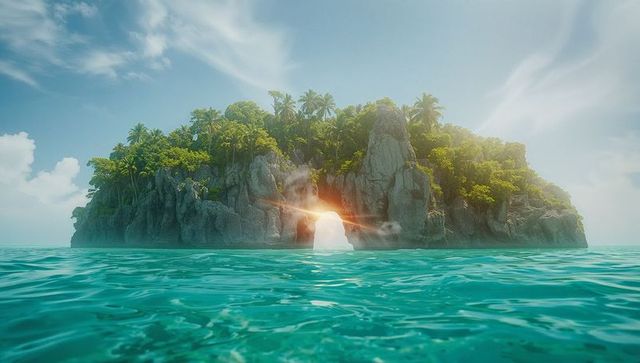 Enchanted tropical island with natural arch and crystal clear waters