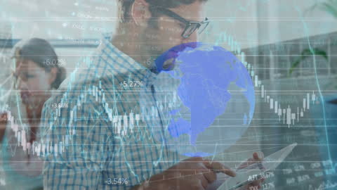 Businessman Analyzing Financial Data on Tablet With Global Charts Overlay