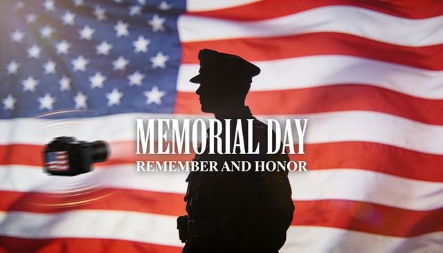 Silhouetted military officer saluting with waving american flag remembering memorial day