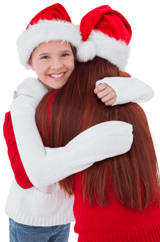 Transparent Hugging Mother and Son in Santa Hats Celebrating Christmas