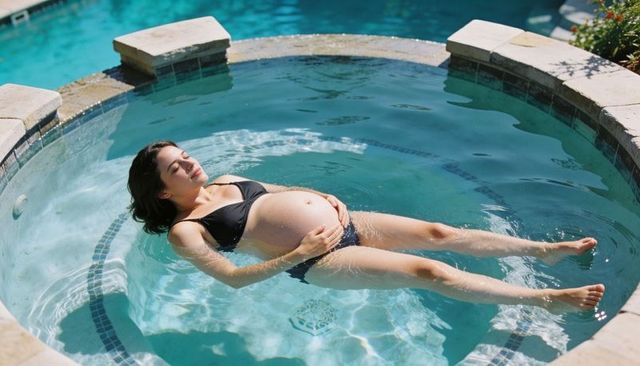 Pregnant woman floating and relaxing in sunlit round spa tub wearing black bikini