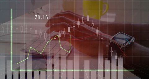 Hands Typing with Smartwatch and Financial Charts Overlay