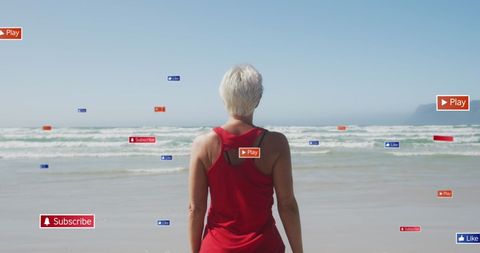 Woman Freedom Exercising on Beach Surrounded by Virtual Social Media Icons