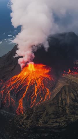 Vertical video erupting volcano spilling glowing lava flows and smoke plume over coastal cliffs
